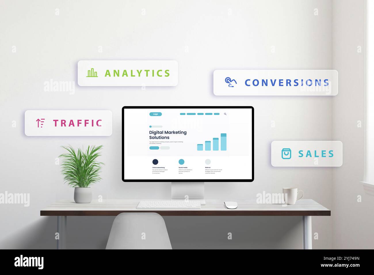 Computerdisplay mit Website für Digital Marketing Solutions mit Wachstumssymbol, umgeben von frei beweglichen Symbolen für Traffic, Analysen, Conversions und s Stockfoto
