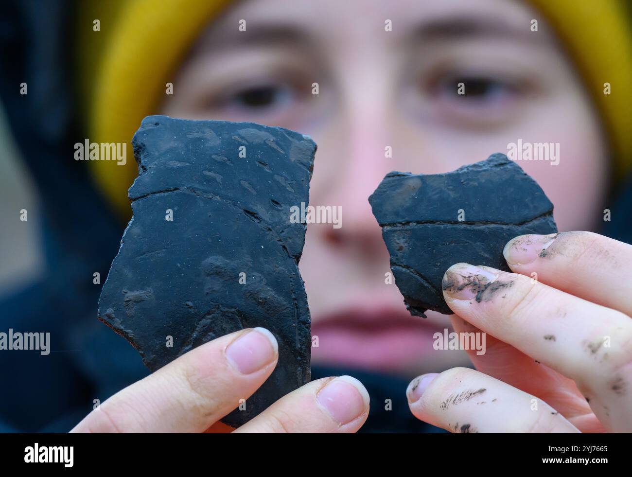 Sachsen, Döbeln. 13. November 2024. Liliana Rabich, Geographiestudentin und Grabungsarbeiterin, hält bei einer Ausgrabung in Döbeln zwei Scherben der Linearkeramik in der Hand. Archäologen haben auch eine frühbronzezeitliche Siedlung inmitten einer neolithischen Siedlung entdeckt. Das Gelände bei Döbeln-Gärtitz wird seit 2021 im Vorfeld des Baus eines Erlebnisdorfes untersucht. Foto: Hendrik Schmidt/dpa/Alamy Live News Stockfoto