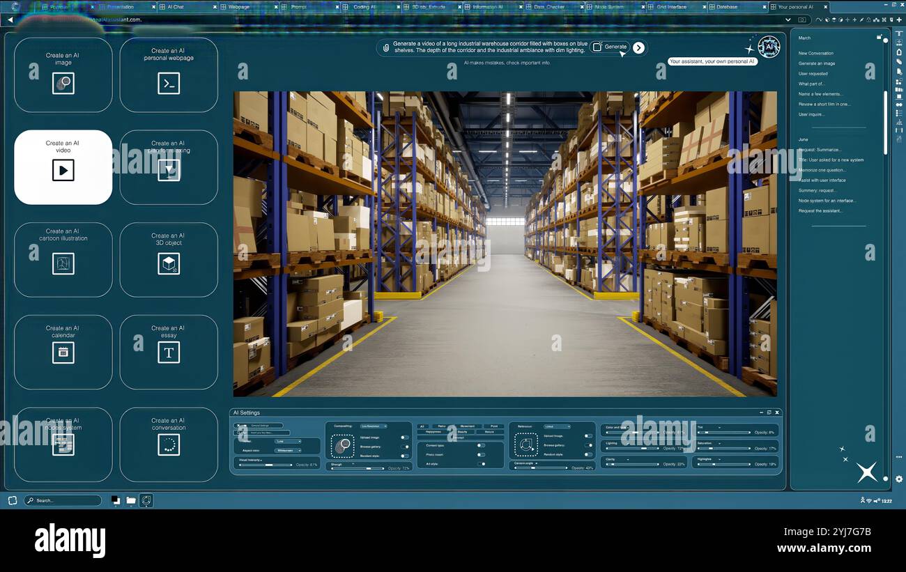 KI-Software verwandelt Textaufforderungen in Video von Boxen in Lagerregalen. Text-to-Video-Generator für künstliche Intelligenz, der Wörter in Clip von verpackten Produkten im Depot verwandelt Stockfoto