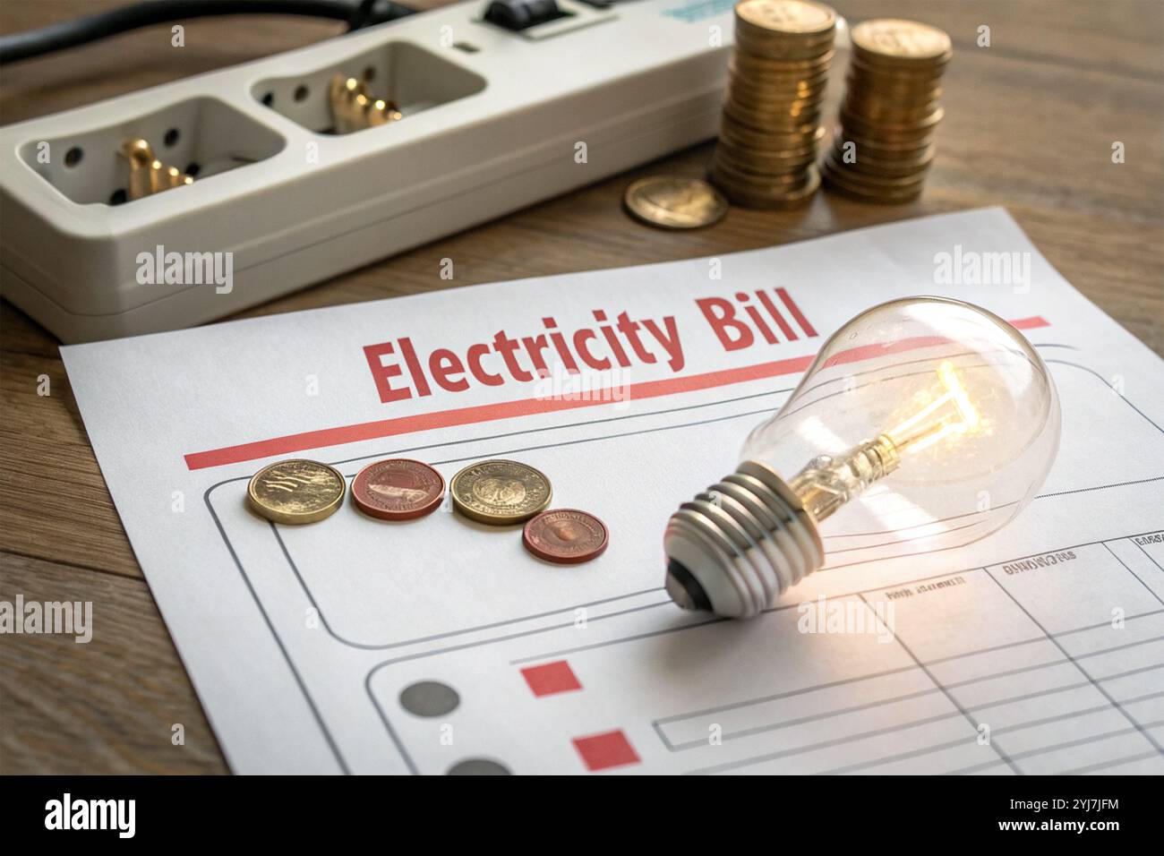 Das Bild zeigt eine hohe Stromrechnung, eine beleuchtete Glühbirne und einen Stapel Münzen, die die finanzielle Belastung durch steigende Energiekosten und die impac symbolisieren Stockfoto