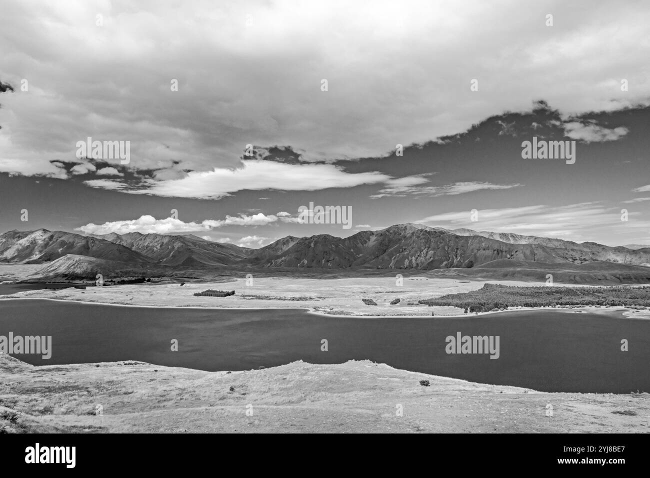 Schwarzweiß-Panoramablick entlang des Wanderweges, der zum Mount John Observatory führt. Stockfoto