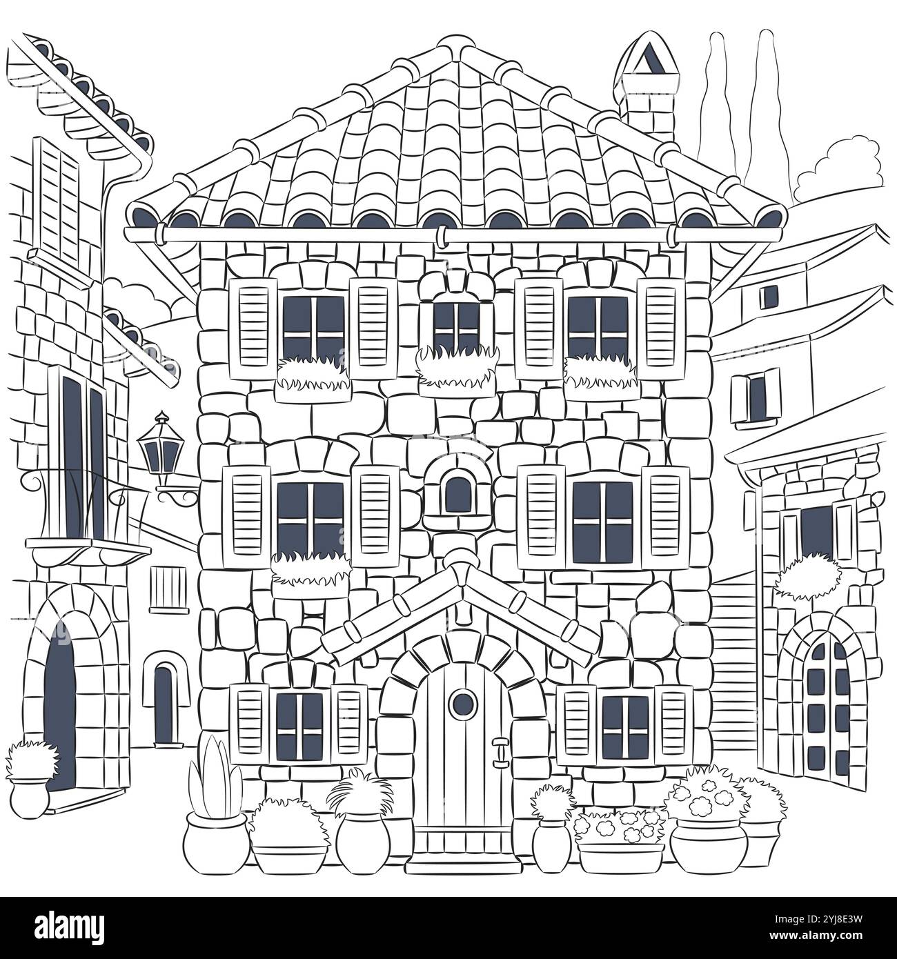 Vektor-Illustration des traditionellen italienischen Dorfhauses isoliert auf weißem Hintergrund Stock Vektor