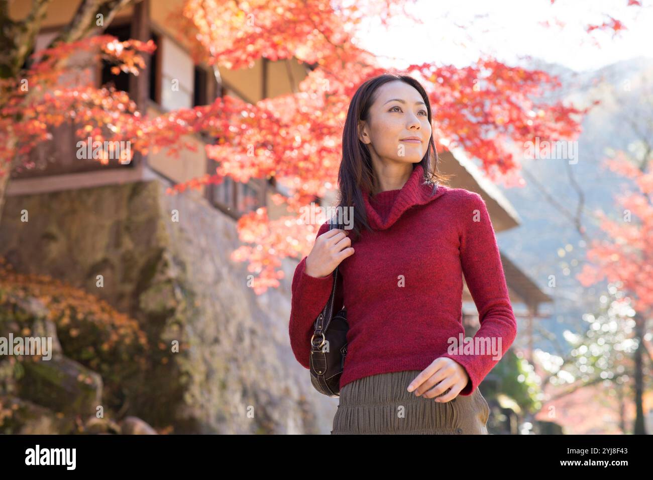 Frauen genießen Herbstlaub-Peeping Stockfoto