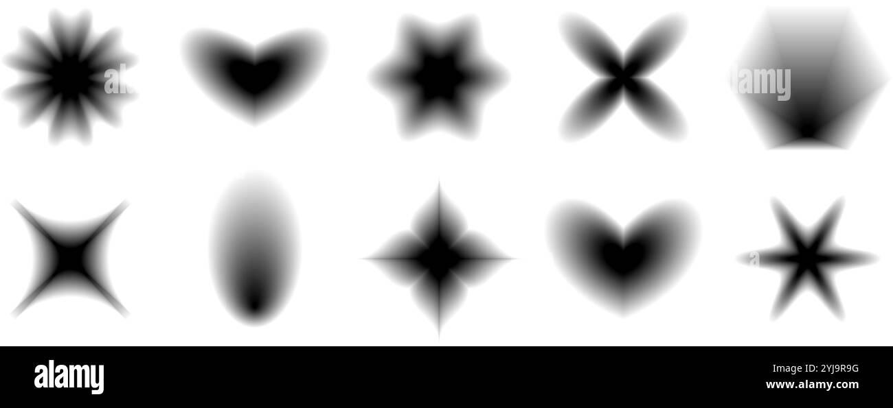 Schwarzes, glattes, verschwommenes Verlaufsformular. Grunge Gothic Blurry Aura Shape Kollektion. Verblasste abstrakte Elemente für Poster, Vorlage, Abzeichen, Aufkleber, Collage. Vektorblumen, Sterne, Herzen und Diamantpackung Stock Vektor