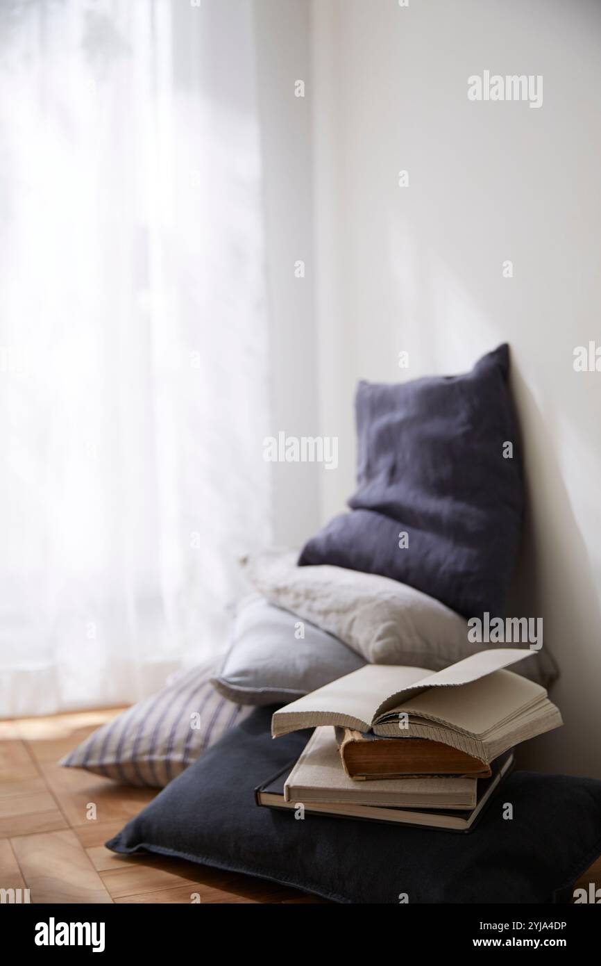Kissen und Buch auf heller Fensterbank Stockfoto