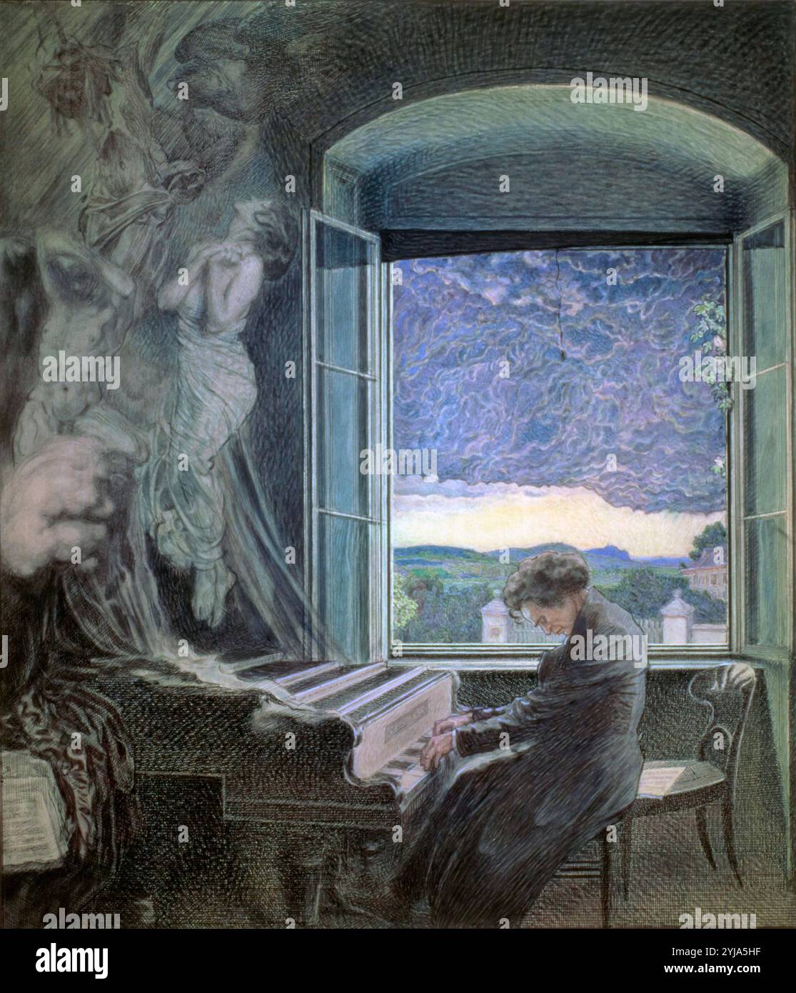 Allegorie des Genies Ludwig van Beethoven, deutscher Komponist und Pianist. Er spielt Klavier in seinem Haus in Viena. Pastellfarben. MUSEUM: HISTORISCHES MUSEUM DER STADT WIEN, VIENA, ÖSTERREICH. AUTOR: SIGMUND WALTER HAMPEL. Stockfoto Allegorie des Genies Ludwig van Beethoven, deutscher Komponist und Pianist. Er spielt Klavier in seinem Haus in Viena. Pastellfarben. MUSEUM: HISTORISCHES MUSEUM DER STADT WIEN, VIENA, ÖSTERREICH. AUTOR: SIGMUND WALTER HAMPEL. Stockfoto