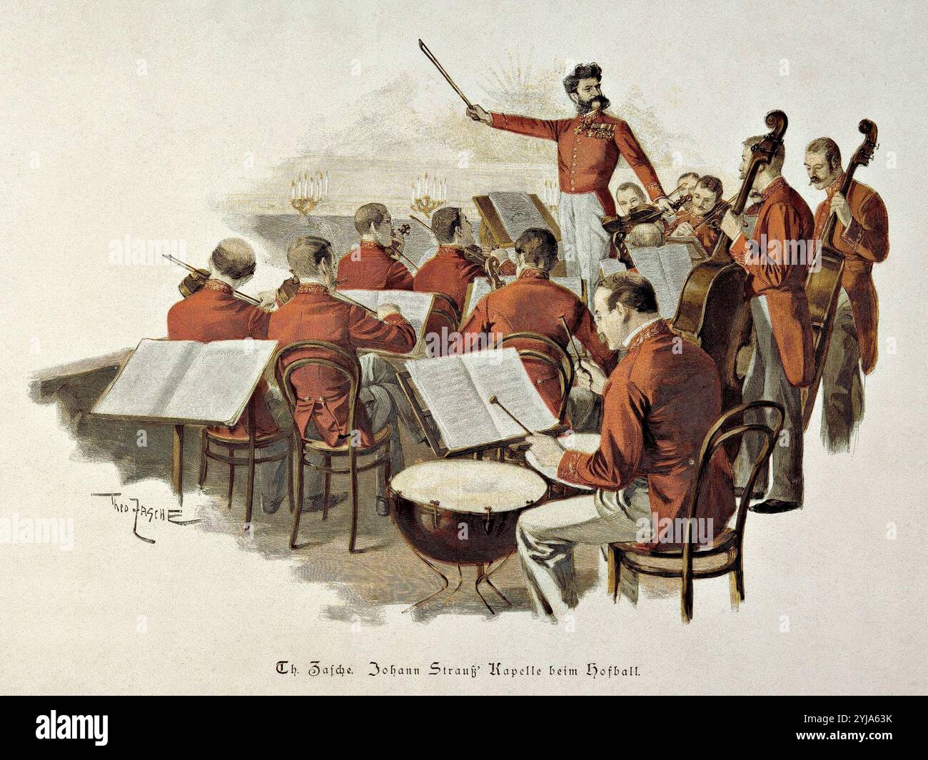 Johan Strauss und sein Orchester in Wien bei einem Hofball, 1893, Gravur. Museum: Museen der Stadt, VIENA, ÖSTERREICH. Autor: THEO FASCHE. JOHANN STRAUSS (JUNIOR). Stockfoto