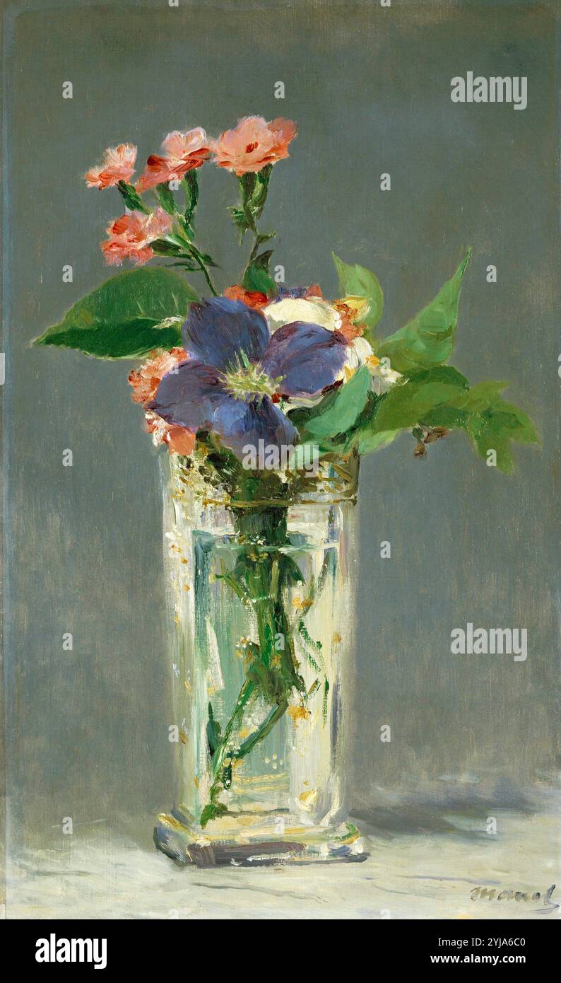 Edouard Manet / Nelken und Clematis in einer Kristallvase, um 1882, Öl auf Leinwand, 56 x 35,5 cm. Museum: MUSÉE d'ORSAY, BUDAPEST, Frankreich. Stockfoto