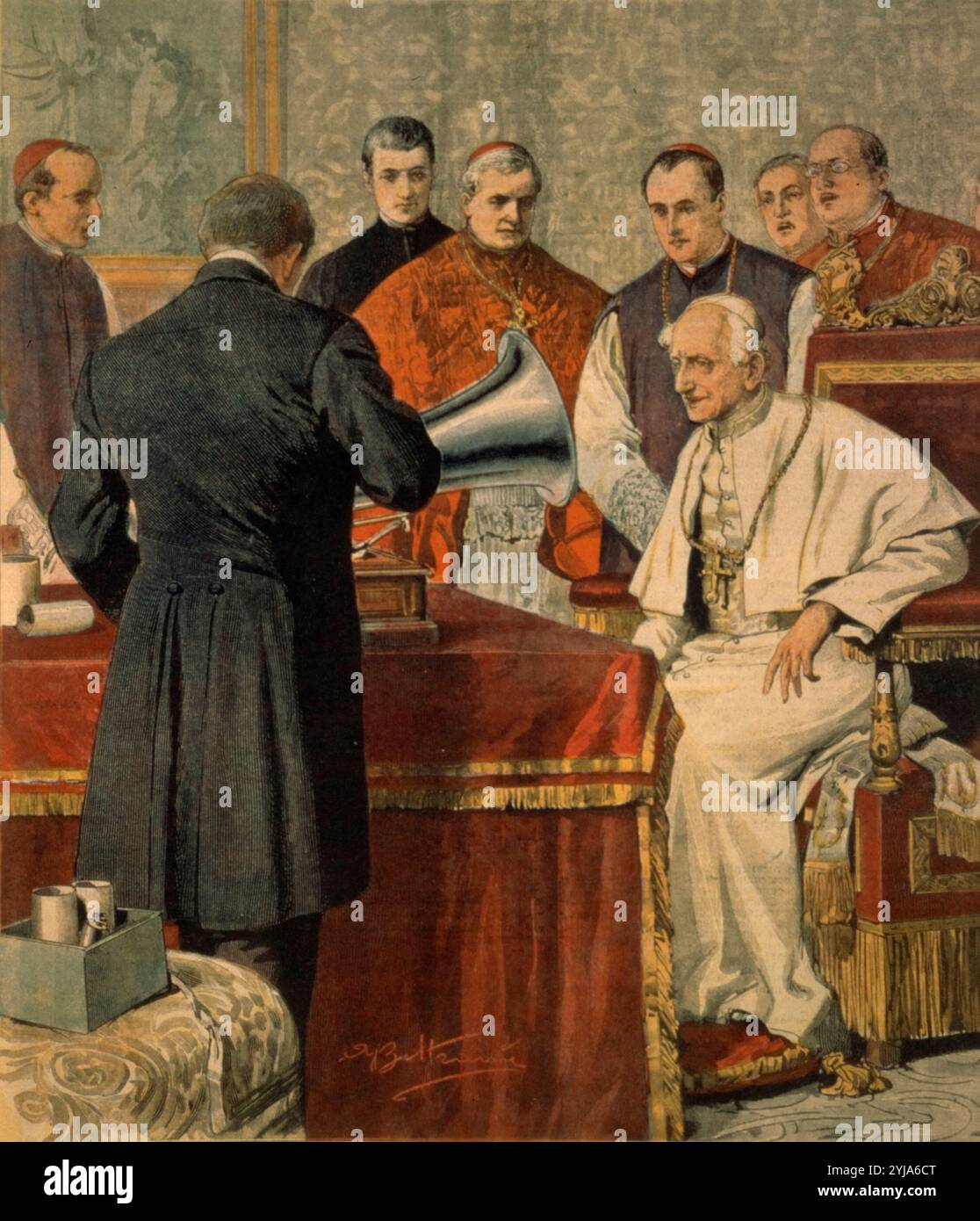 Papst Leone XIII. Liest die Benediktion in ein Grammophon, aus La Domenica del Corriere, 29. März 1903, Ilustracion. Autor: ACHILLE BELTRAME. Stockfoto