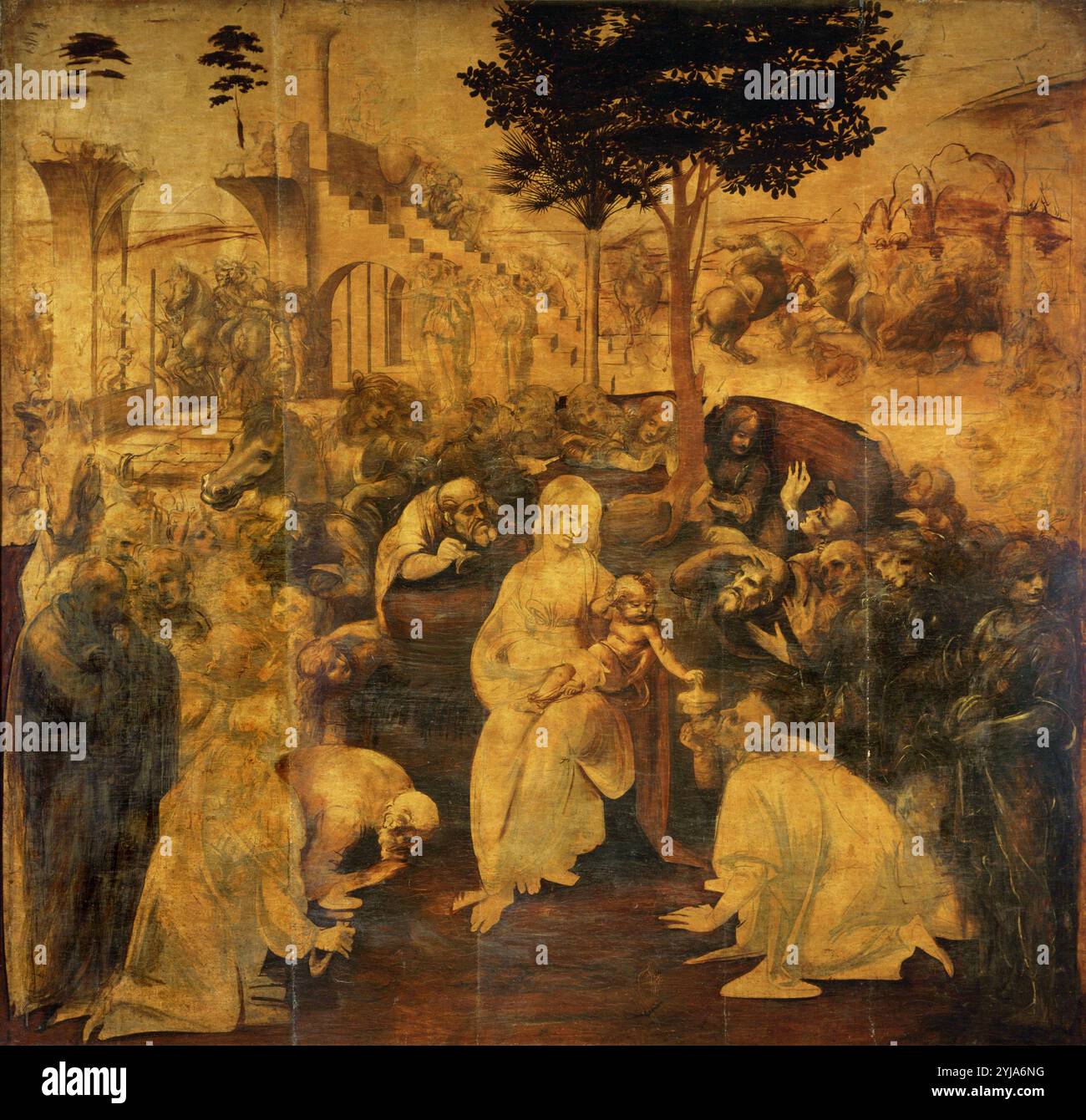 Leonardo da Vinci / 'Anbetung der Könige', 1481, Öl auf Holz, 246 x 243 cm. Museum: GALLERIA DEGLI UFFIZIEN, FLORENCIA, ITALIA. ST. JOSEPH. JESUS. JESUSKIND. JUNGFRAU MARIA. Stockfoto