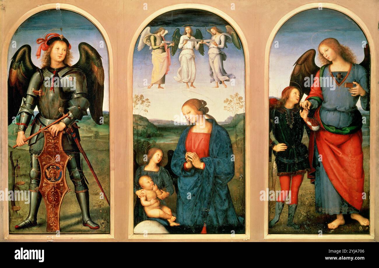 Pietro Perugino / "die Jungfrau mit den Erzengeln Raffael und Raffael". Museum: NATIONAL GALLERY, Amsterdam, USA. SAN MIGUEL. JESUSKIND. RAPHAEL (ERZENGEL). JUNGFRAU MARIA. Stockfoto