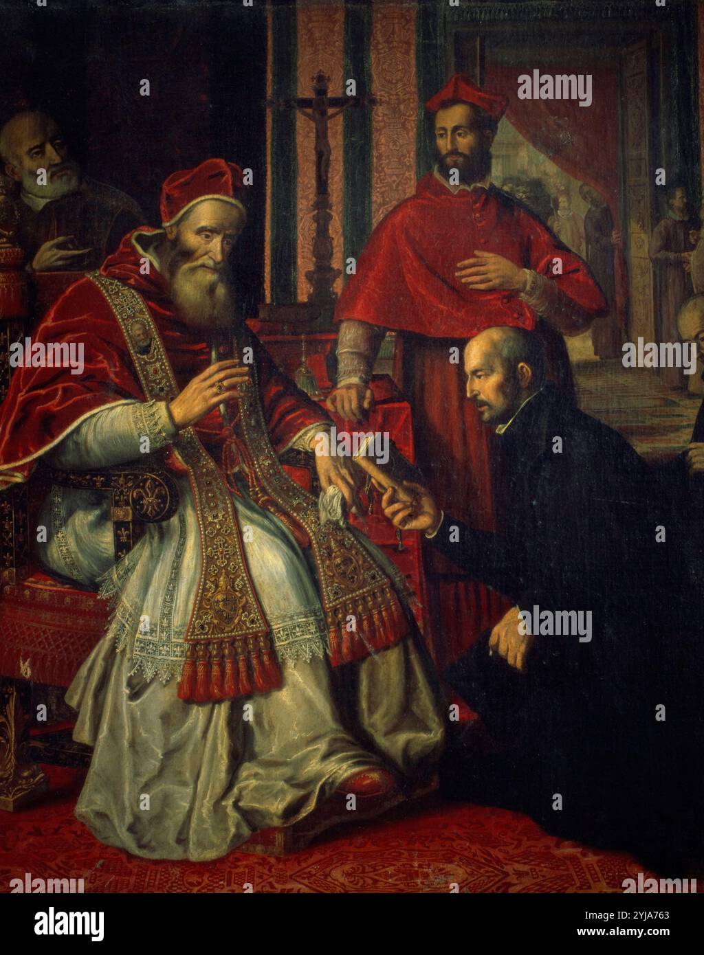 Papst Paul III. (Alexander Farnese) (1468–1549) erhält von dem heiligen Ignatius Loyola, 1539 das Jesuitenbuch. Museum: Kirche Il Gesu, Roma, ITALIA. San Ignacio de Loyola. PABLO III Stockfoto