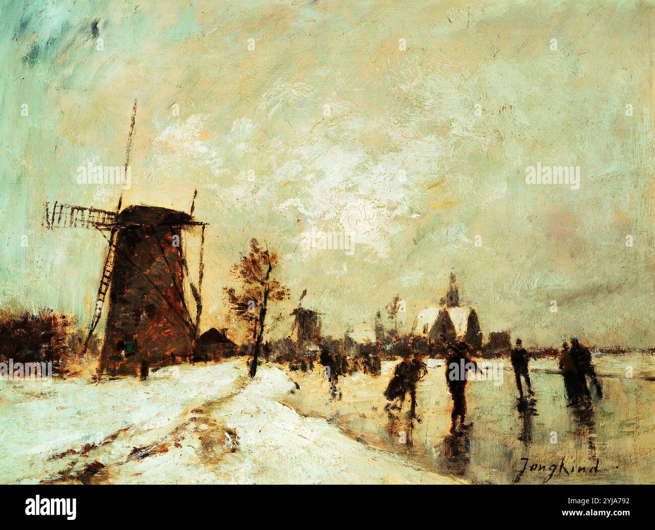 Johan Barthold Jongkind/ 'Skating in Holland', 1890-1900, Öl auf Leinwand, 31,8 x 46,4 cm. Museum: NATIONAL GALLERY, LONDRES, UK. Stockfoto