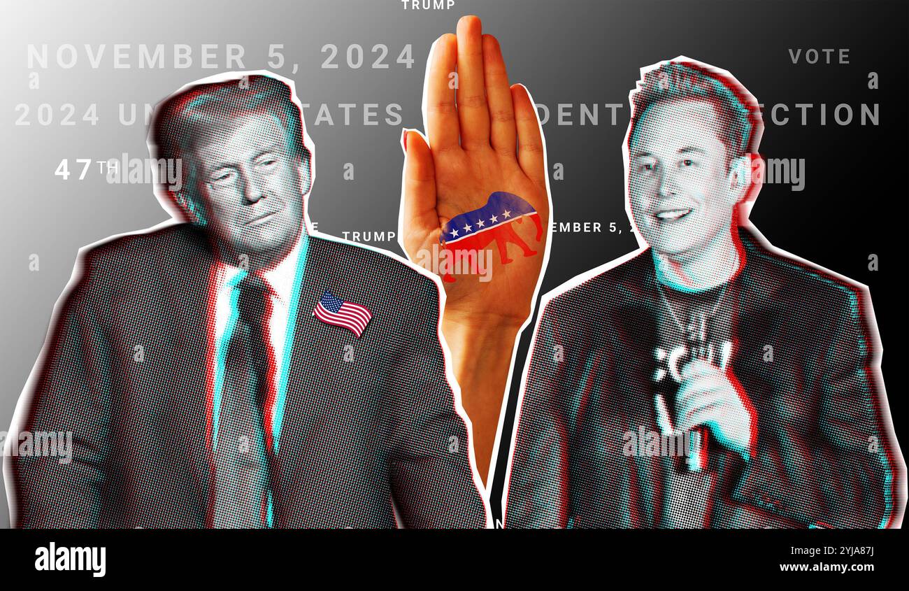 14. November 2024 illustratives Collageporträt von Elon Musk und Donald Trump vor dem Hintergrund einer Hand mit dem Symbol der Republikanischen Partei Stockfoto