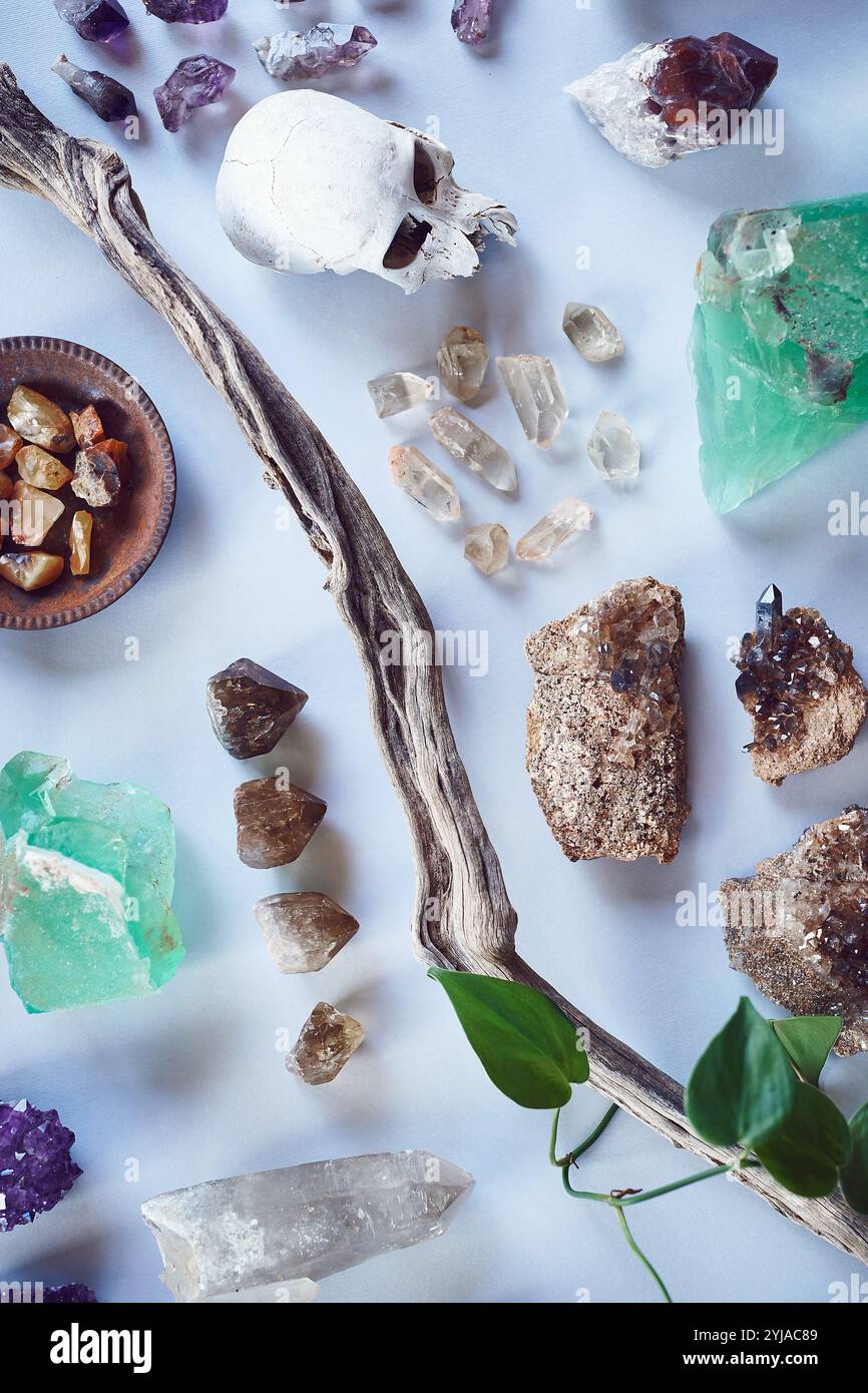 Kristalle, Energie und Schädel für spirituelle Heilung, Praxis und Schmuck zur Chakra-Reinigung. Felsen, Mineralien und Geologie für Reiki, Wellness und Stockfoto