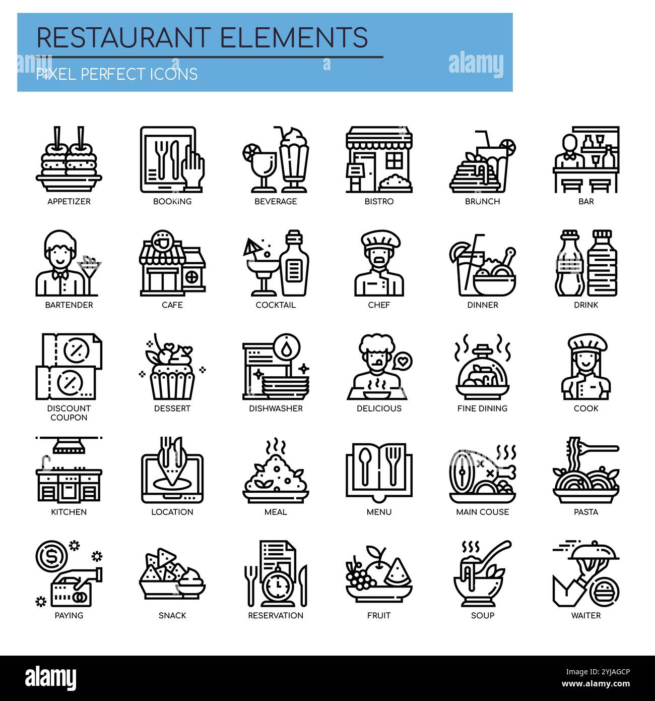 Restaurant Elements , Thin Line und Pixel Perfect Icons Stock Vektor