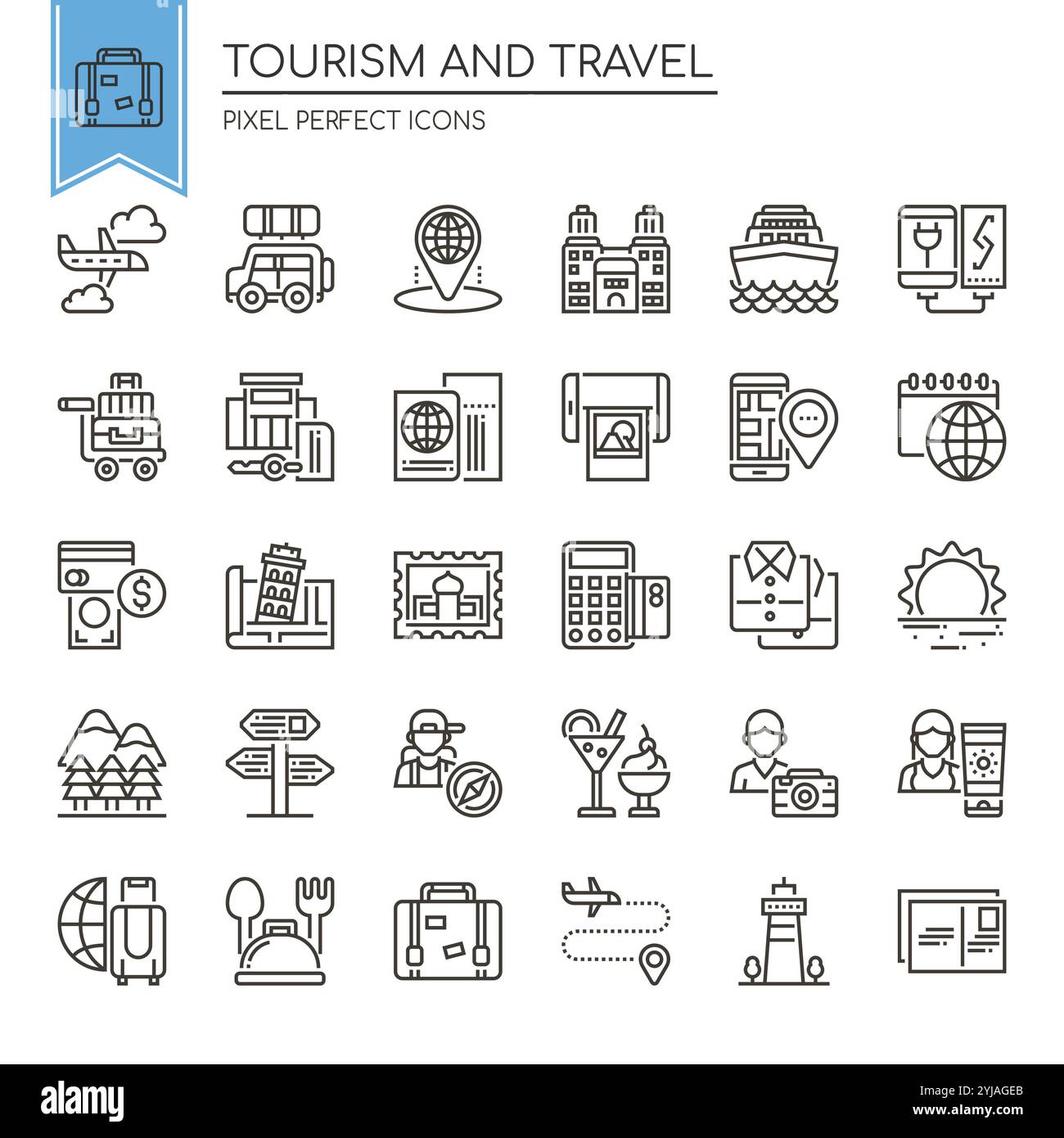 Set von Schwarzweiß-Symbolen für Tourismus und Reise in dünner Linie Stock Vektor