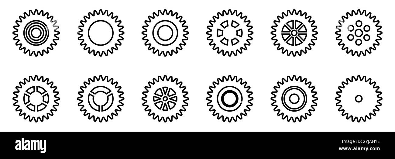 Symbolsatz Gänge. Symbol für Gangeinstellung. Sammlung mechanischer Zahnräder. Einfache Zahnradsammlung. Silhouette mit Zahnradsymbolen. Vector Illustrati Stock Vektor