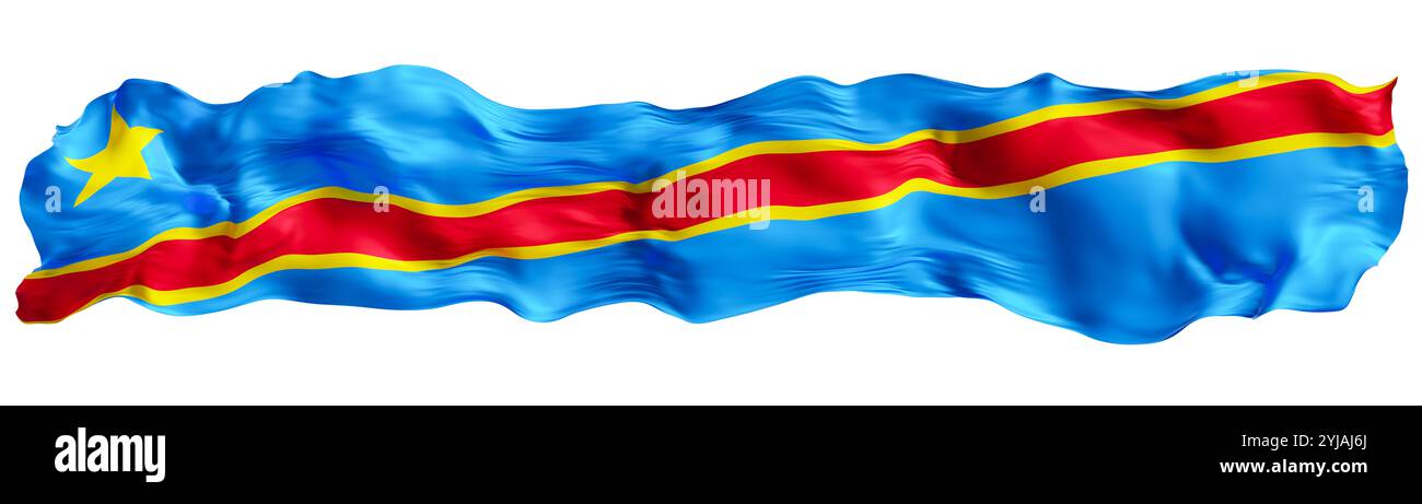 Stilisierte Flagge der Demokratischen Republik Kongo isoliert auf weißem Hintergrund. Fußzeile, Kopfzeile oder Trennzeichen. Weites Panoramaelement ausschneiden. Banner für Stockfoto