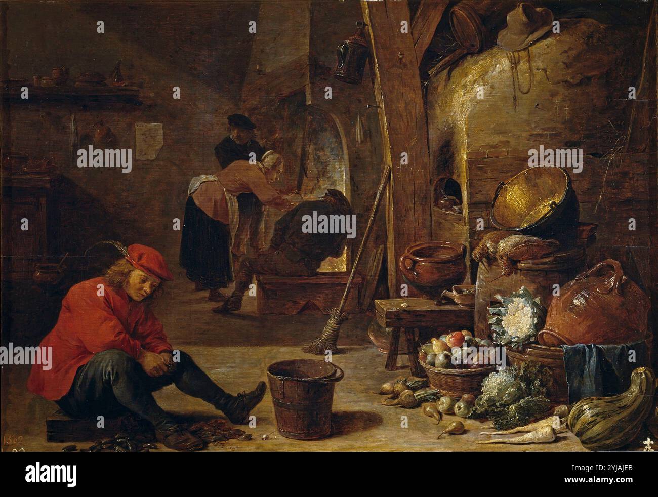 David Teniers / 'The Kitchen', 1643, Flämische Schule, Öl auf Platte, 35 cm x 50 cm, P01798. MUSEUM: MUSEO DEL PRADO, MADRID, SPANIEN. AUTOR: DAVID TENIERS DER JÜNGERE. Stockfoto