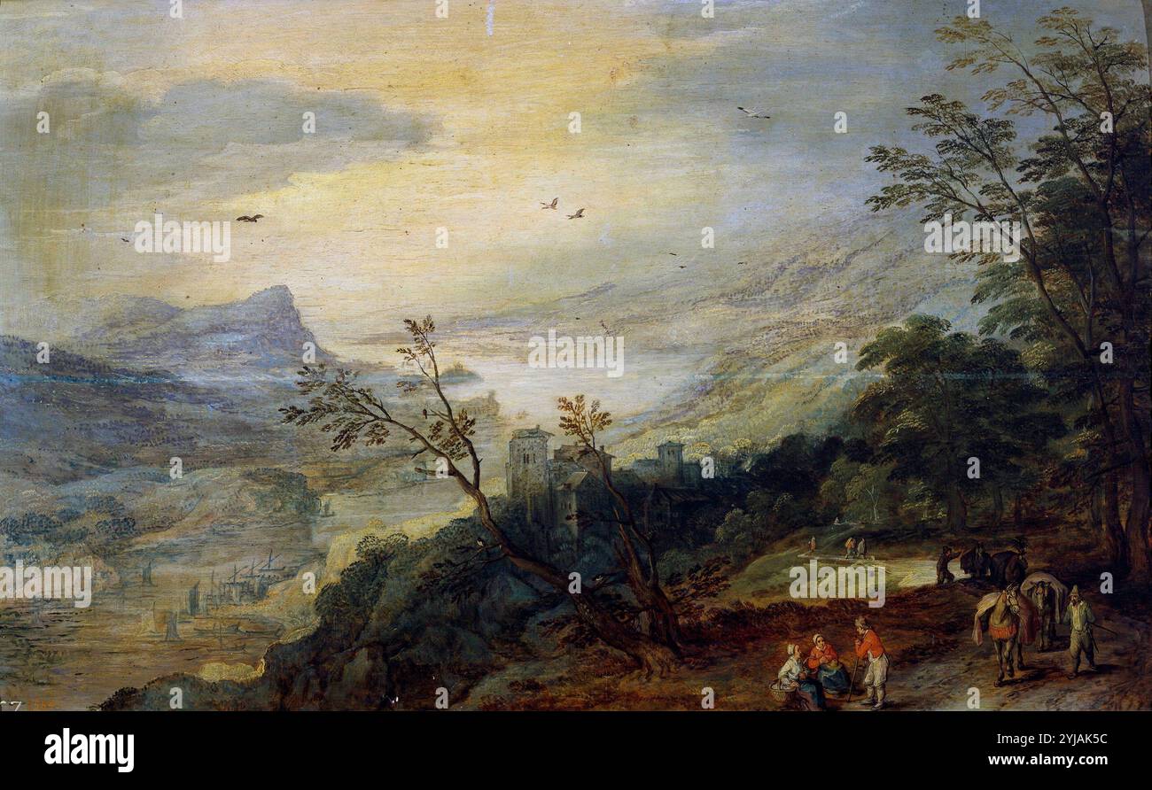 Jan Brueghel „el Viejo“; Joos de II Momper / „Landschaft“, 16. Jahrhundert, Flämische Schule, Öl auf Platte, 42 cm x 68 cm, P01591. MUSEUM: MUSEO DEL PRADO, MADRID, SPANIEN. Stockfoto