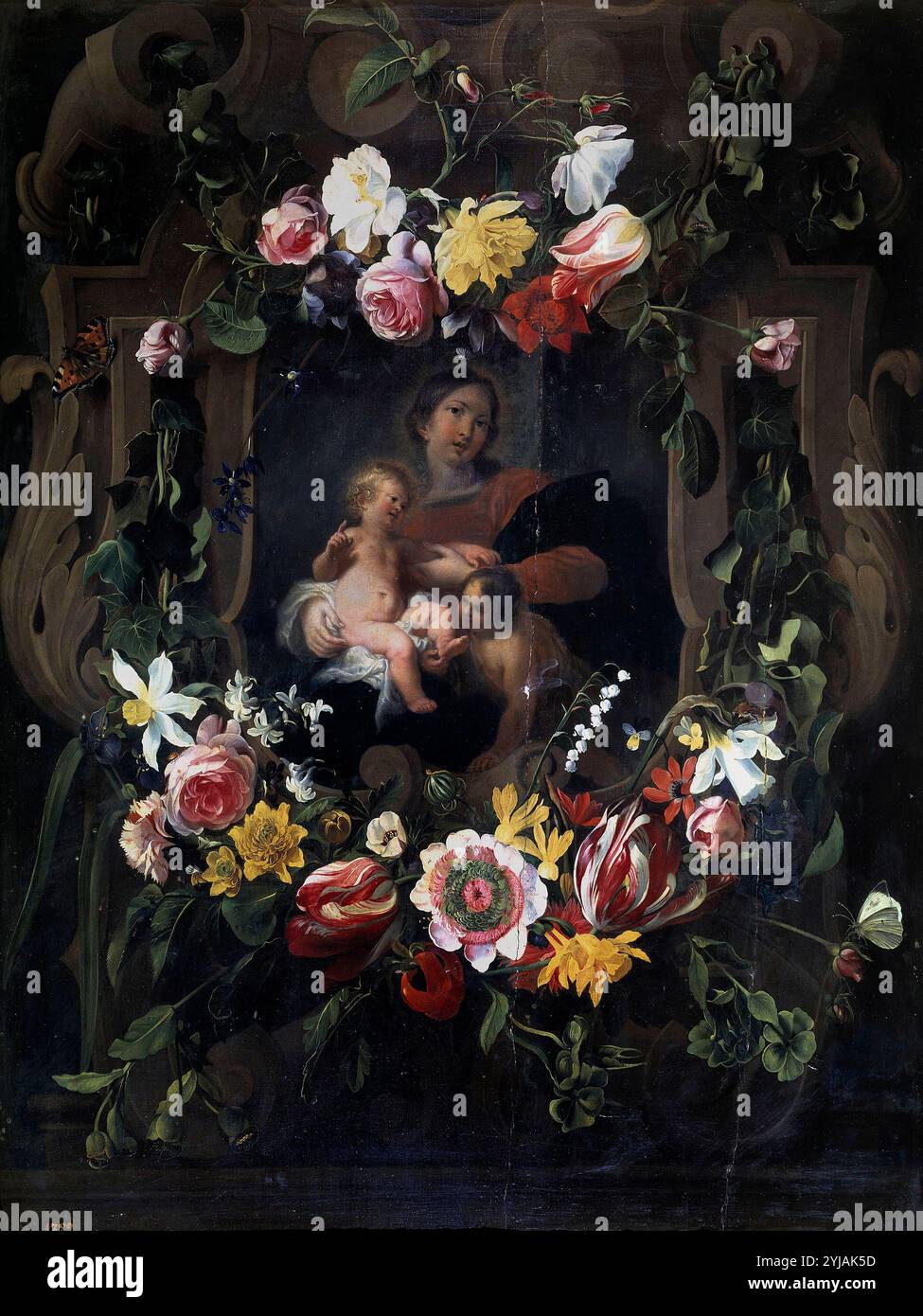 Cornelis Schut; Daniel Seghers / 'Garland with Virgin, Child and Saint John', 17. Jahrhundert, Flämische Schule, Öl auf Platte, 78 cm x 60 cm, P01909. MUSEUM: MUSEO DEL PRADO, MADRID, SPANIEN. Stockfoto