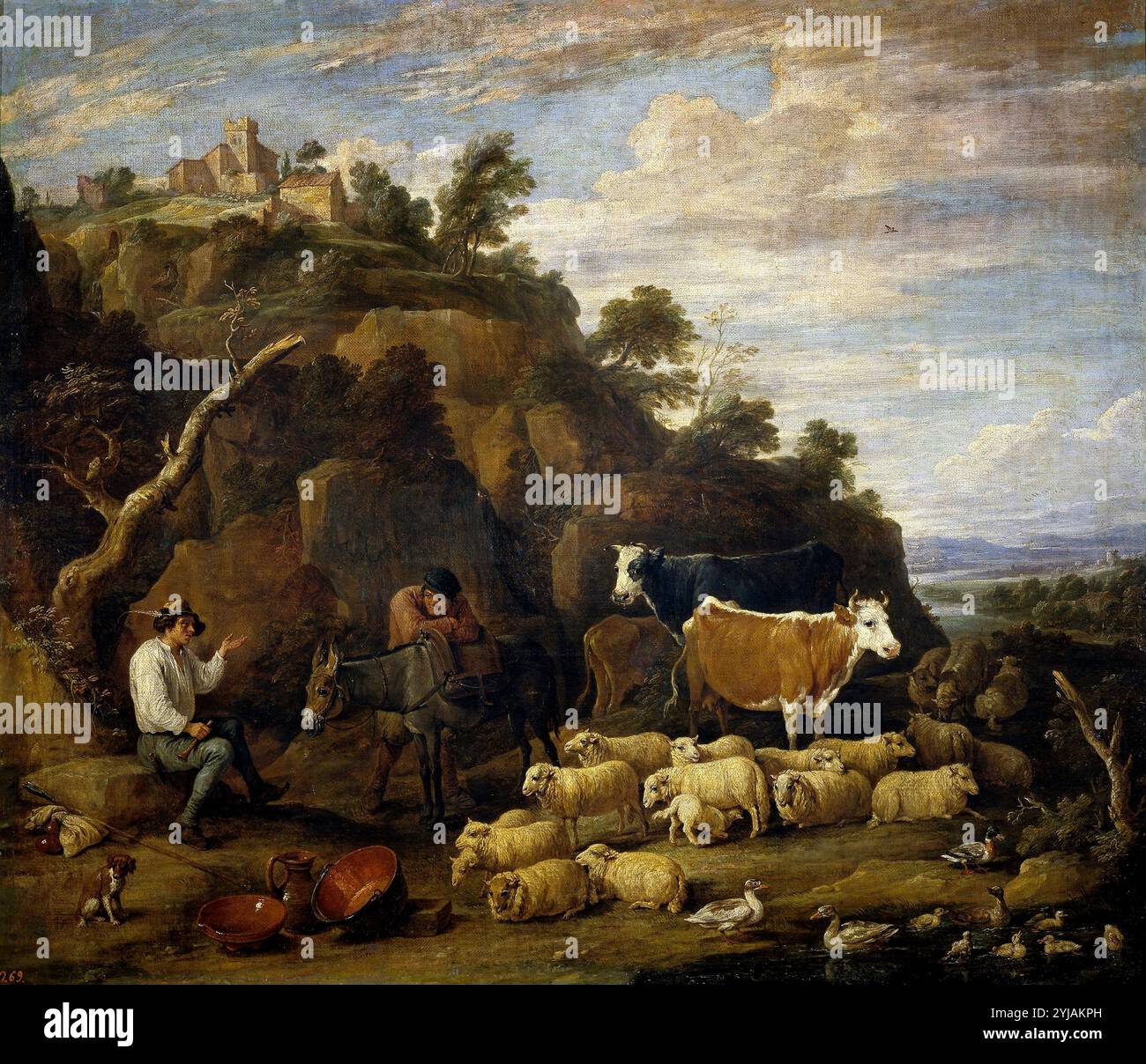 David Teniers / 'Coloquio pastoril', 17. Jahrhundert, Flämische Schule, Öl auf Leinwand, 75 cm x 89 cm, P01814. MUSEUM: MUSEO DEL PRADO, MADRID, SPANIEN. AUTOR: DAVID TENIERS DER JÜNGERE. Stockfoto