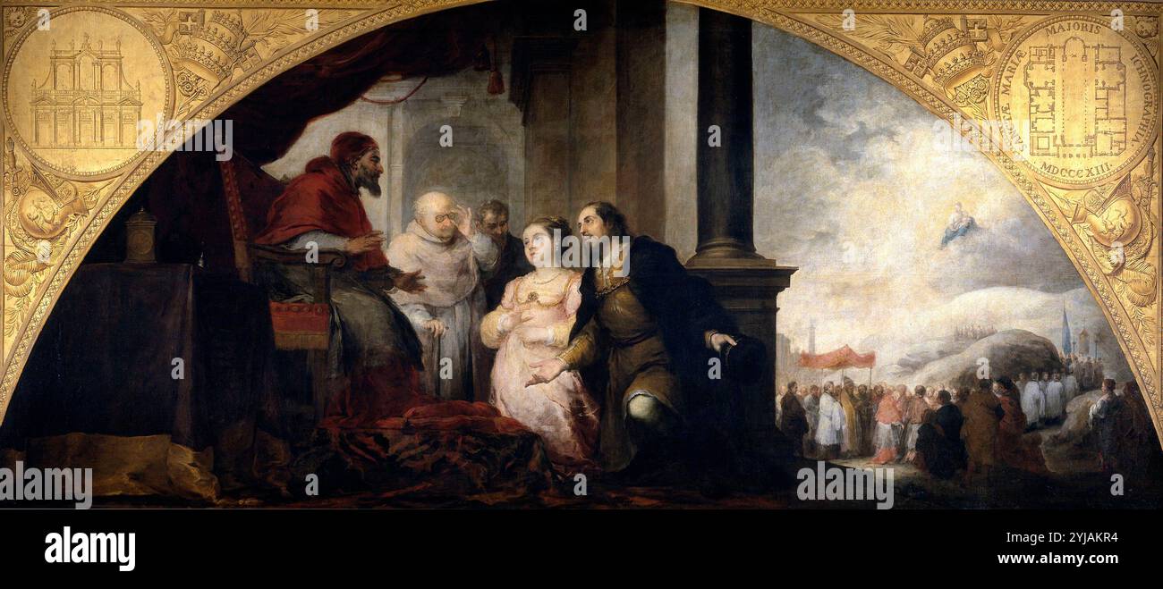 Bartolomé Esteban Murillo / "die Stiftung Santa Maria Maggiore in Rom: 1. Der Patrizier offenbart dem Papst seinen Traum, 1664-1665, spanische Schule, Öl auf Leinwand, 232 cm x 524 cm, P00995. MUSEUM: MUSEO DEL PRADO, MADRID, SPANIEN. Stockfoto