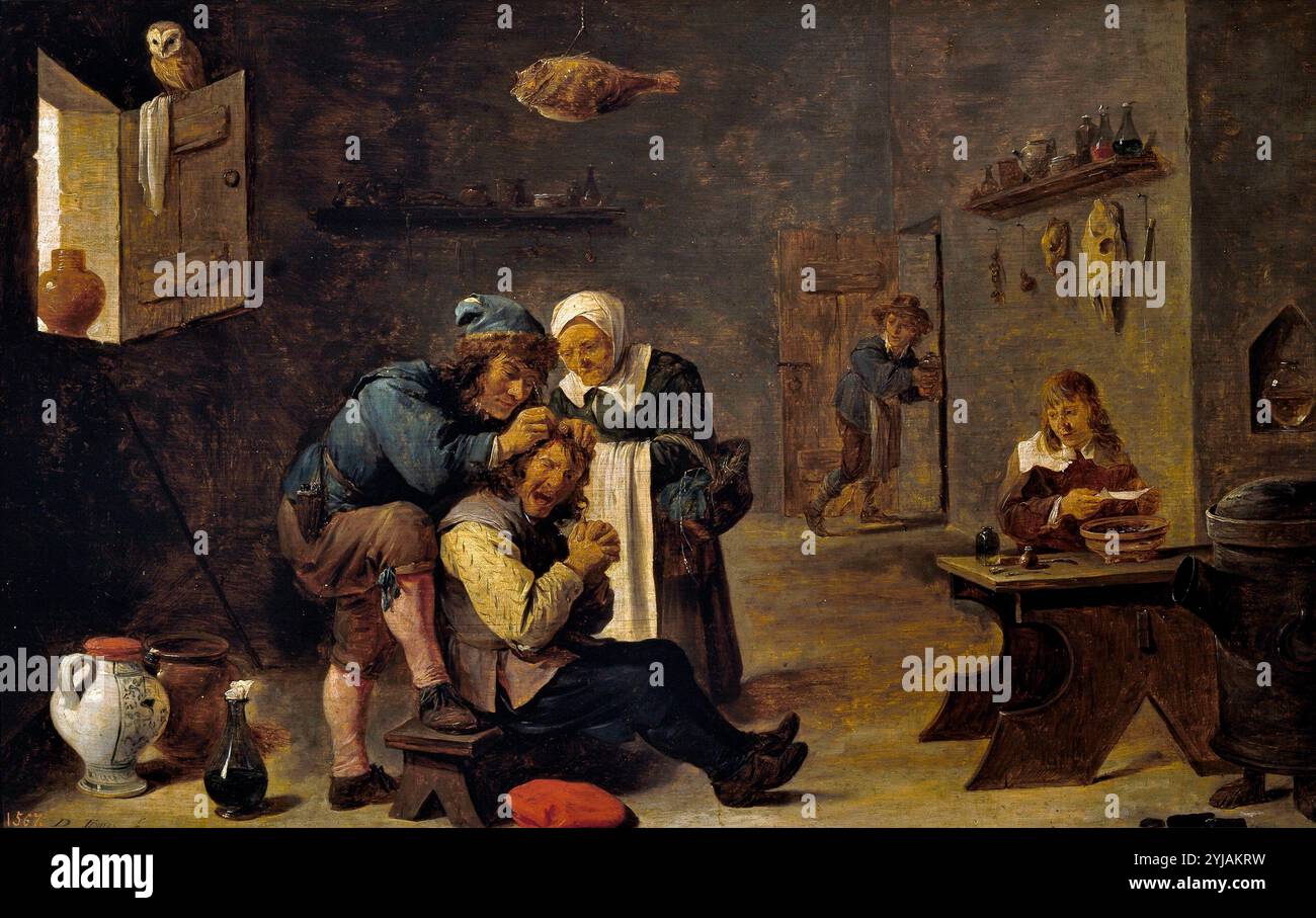 David Teniers / 'A Surgican Operation', 17. Jahrhundert, Flämische Schule, Öl auf Platte, 38 cm x 61 cm, P01802. MUSEUM: MUSEO DEL PRADO, MADRID, SPANIEN. AUTOR: DAVID TENIERS DER JÜNGERE. Stockfoto