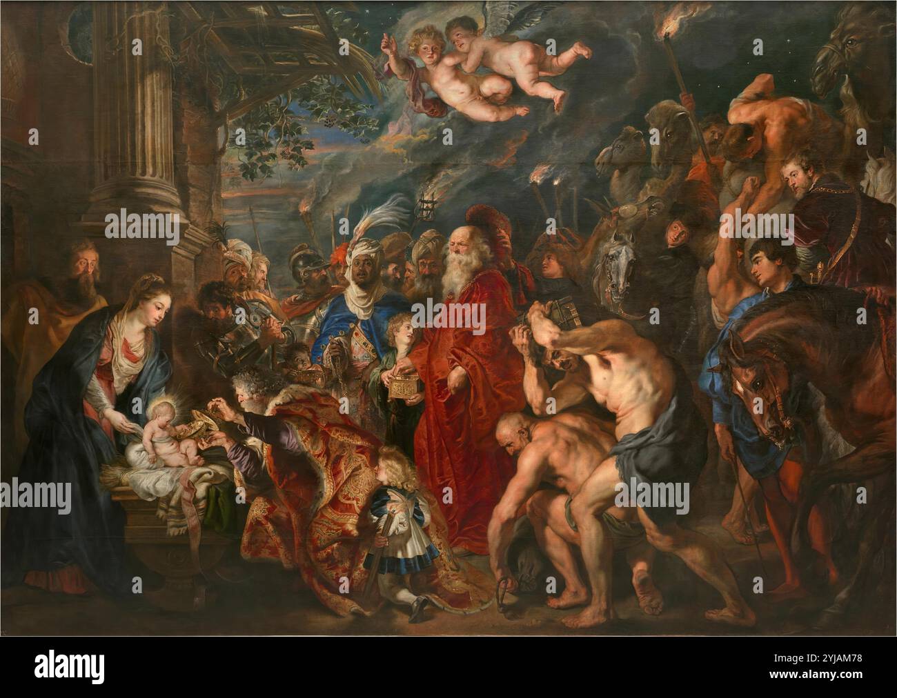 Pedro Pablo Rubens / 'Anbetung der Könige', 1609; 1628-1629, Flämische Schule, Öl auf Leinwand, 355,5 cm x 493 cm, P01638. MUSEUM: MUSEO DEL PRADO, MADRID, SPANIEN. AUTOR: PETER PAUL RUBENS. Stockfoto