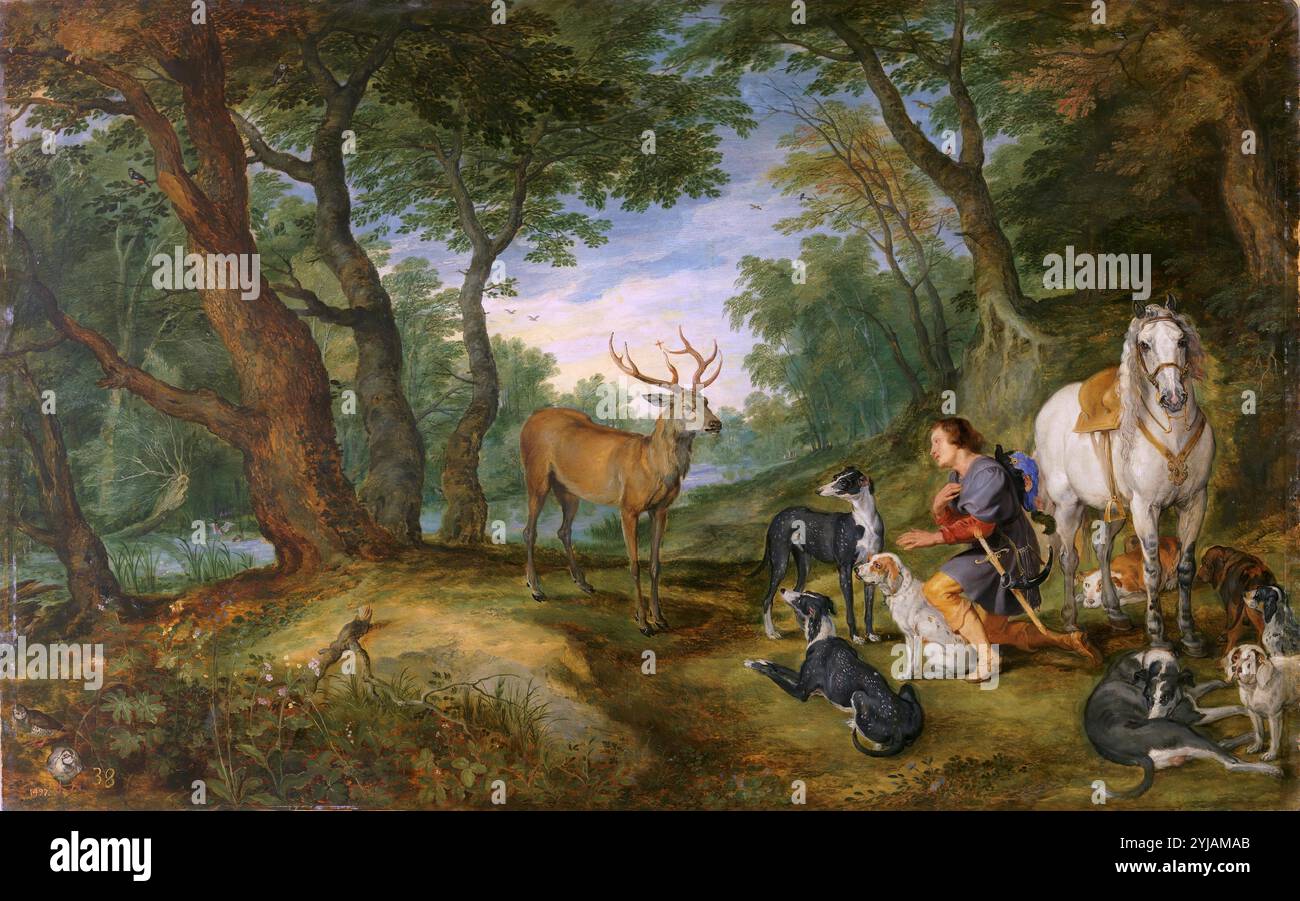 Pedro Pablo Rubens; Jan Brueghel „el Viejo“ / „Saint Hubert's Vision“, 1617-1620, Flämische Schule, Öl auf Platte, 63 cm x 100,5 cm, P01411. MUSEUM: MUSEO DEL PRADO, MADRID, SPANIEN. Stockfoto