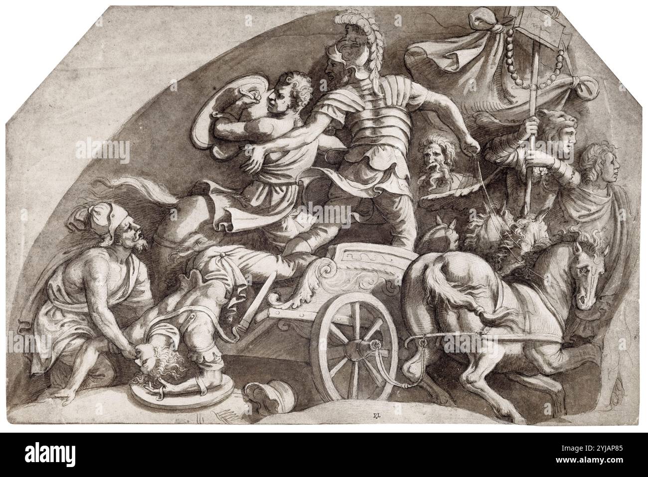 Giulio Romano (Giulio Pippi), El vuelo de Meríones (der Flug von Meriones), Gemälde in Tusche und weißem Blei, 1538-1540 Stockfoto