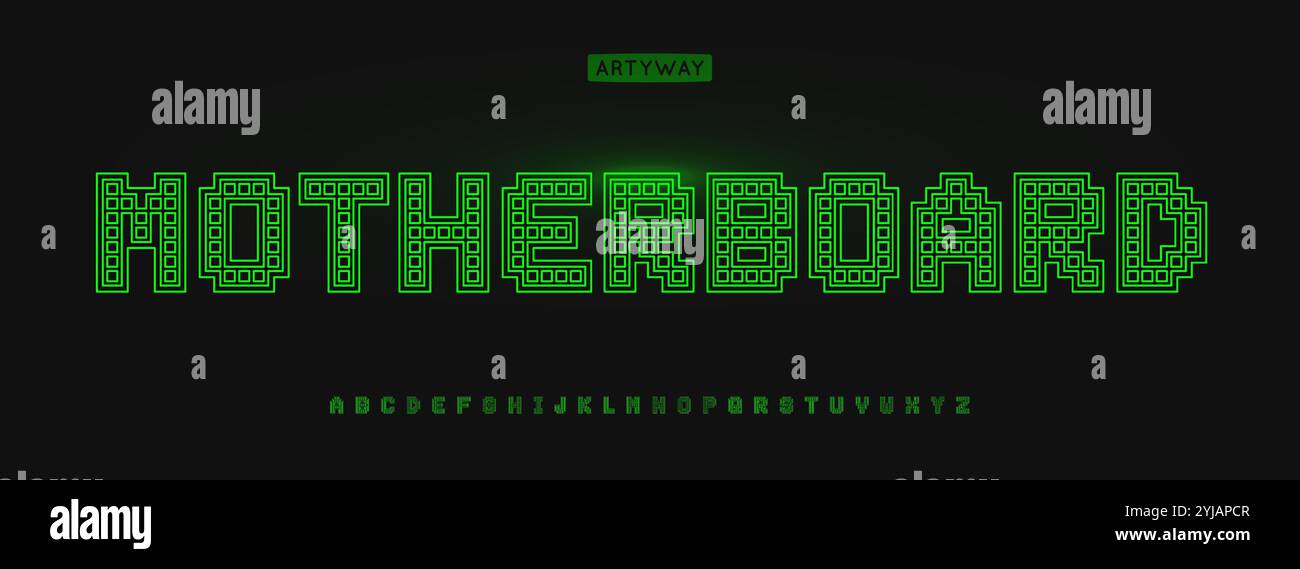 Grünes pixelförmiges Alphabet, kybernetische Buchstaben, Y2K-Retro-Schriftart für digitales modernes Logo, Betonung Überschrift, zeitgenössische Typografie, Schaltkreise Stock Vektor