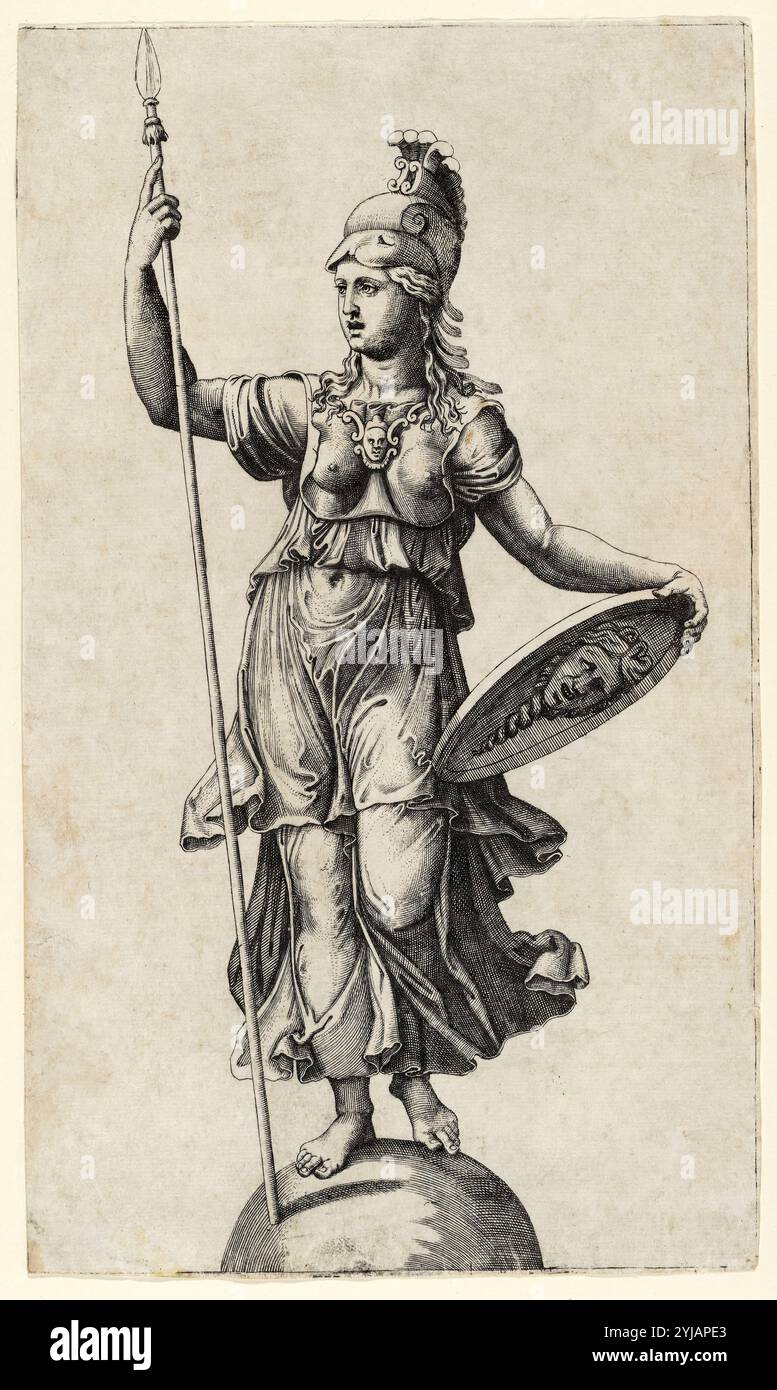 Pallas Athena steht auf einem Globus, Stich von Giulio Romano (Giulio Pippi) und Marcantonio Raimondi, 1520-1527 Stockfoto