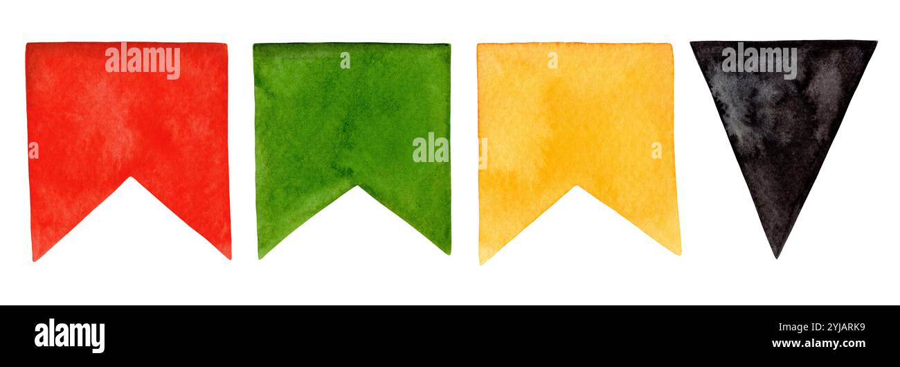 Set aus Party Girlande kleine Flagge in gelben, grünen, roten und schwarzen Farben. Handgezeichnetes Aquarell Kwanzaa Urlaub Illustration von Papier Wimpel dekorativ Stockfoto