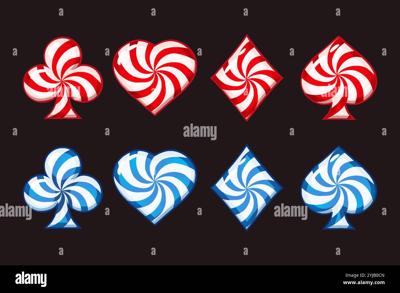 Set von Spielkartensymbolen wie Lutscher oder cady für dein Spiel und deine Spielautomaten. Rote und blaue Bonbons Spielkartensymbole - Schläger, Diamanten, Herzen Stock Vektor