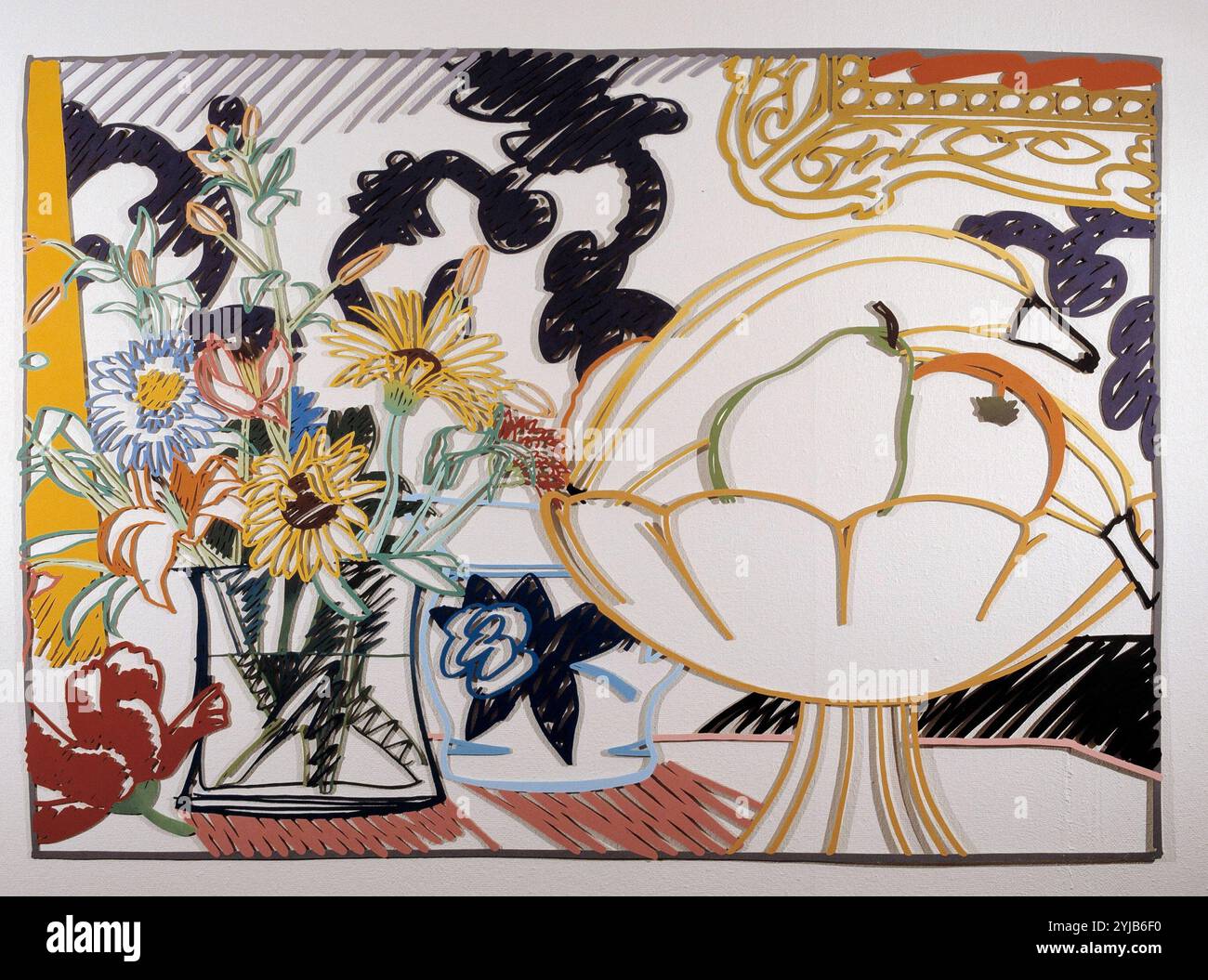 WESSELMANN, Tom. PINTOR NORTEAMERICANO. 1931 - 2004. "Stilleben mit wilden Blumen, Obst und Sahne Krug', AÑO 1989. Stockfoto