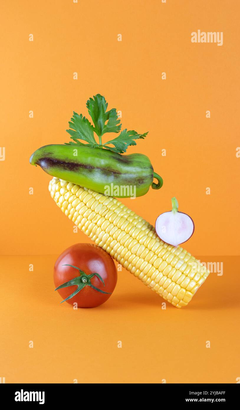 Gemüseausgleich auf dem Tisch. Gemüse schwimmt auf dem Tisch: Tomate, Paprika, Mais, Rettich auf orangem Hintergrund. Stockfoto