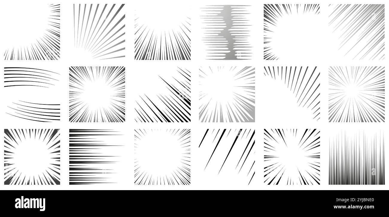 Manga-Zeichentrickrahmen. Comic-Seite mit actiongeladenen Linien und Anime-Effekt für schnelle Bewegungen. Vektor-Manga-Illustrationssatz Stock Vektor