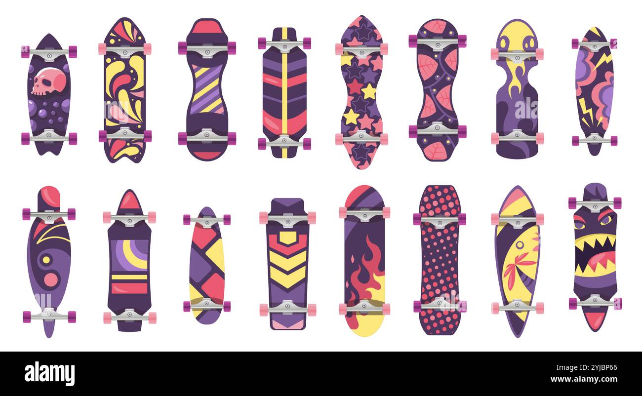 Skateboards unten. Cartoon Skateboard-Deck mit Rädern, extremer Sportausrüstung, farbenfrohen Aufklebern und Prints für Skate-Board. Vektor isoliert Stock Vektor