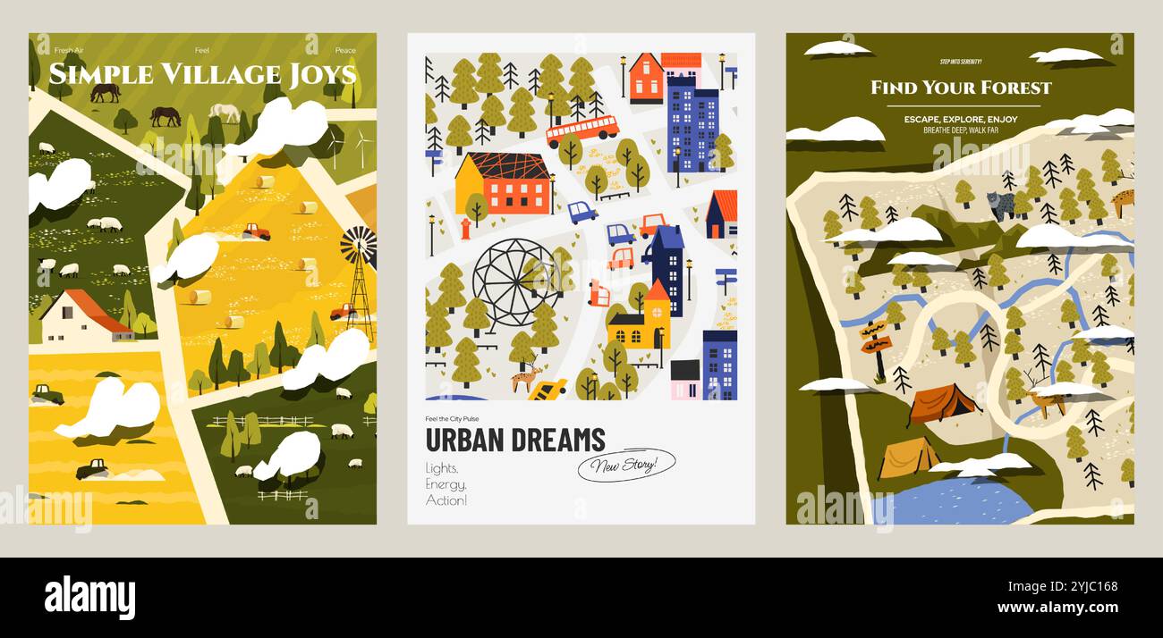 Naturlandschaften und Gartenplakate. Abstrakte Sommer Frühling Landschaft mit Blumen Bäumen Gras, niedlichen minimalistischen Hintergrund. Vektorsatz Stock Vektor