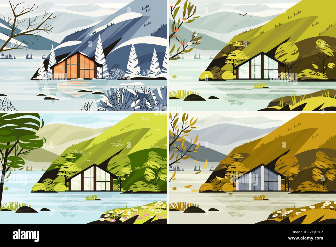 Jahreszeiten Landschaft. Frühling Sommer Herbst Winter Natur Hintergrund mit saisonalem Waldhaus Berg Hügel mit Bäumen flach Cartoon Stil. Vektor Stock Vektor