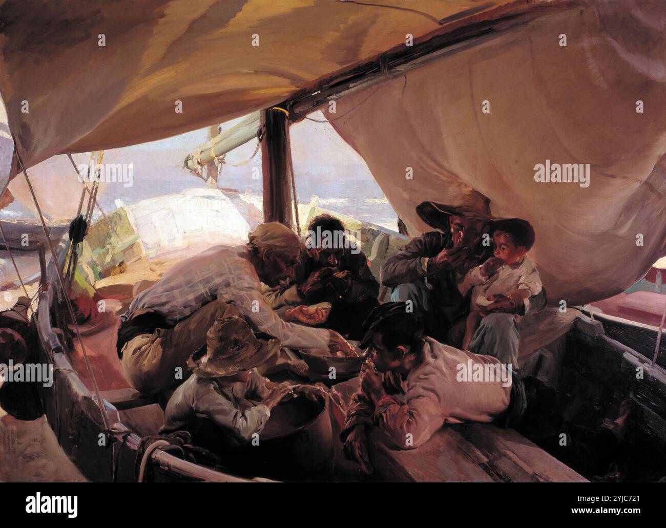 Essen im Fischerboot, 1898, Öl auf Leinwand, 180 x 250 cm. Museum: REAL ACADEMIA DE BELLAS ARTES DE SAN FERNANDO, MADRID, SPANIEN. Autor: Joaquin Sorolla. Stockfoto