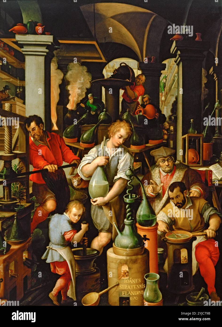 Ein Alchemist-Labor, 1570, Öl auf Schiefer. MUSEUM: PALAZZO VECCHIO, FLORENCIA, ITALIA. Autor: Van der Straet (Giovanni Stradanus). Stockfoto