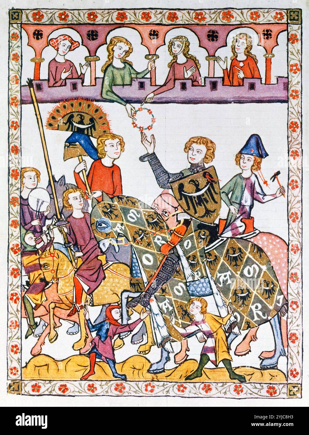 Manesse Codex (1305-40) Deutsche Handschrift. Prinz Heinrich von Breslau sieger des Turniers erhält Girlande. Museum: UNIVERSITÄTSBIBLIOTHEK Heidelberg, DEUTSCHLAND. Stockfoto