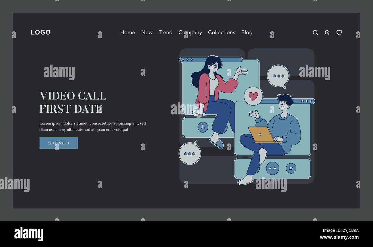 Online-Dating-Konzept. Zwei Personen verbinden sich per Videoanruf für ein romantisches erstes Date. Virtuelle Kommunikation in modernen Beziehungen. Vektorabbildung. Stock Vektor