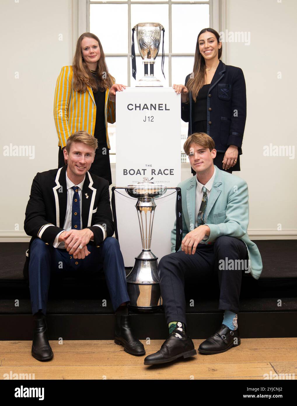 Lucy Havard (oben links), Annie Anezakis (oben rechts), Tom Mackintosh (unten links) und Luca Ferraro (unten rechts) beim CHANEL J12 Boat Race 2024 Launch Event im Londoner Somerset House. Bilddatum: Donnerstag, 14. November 2024. Stockfoto