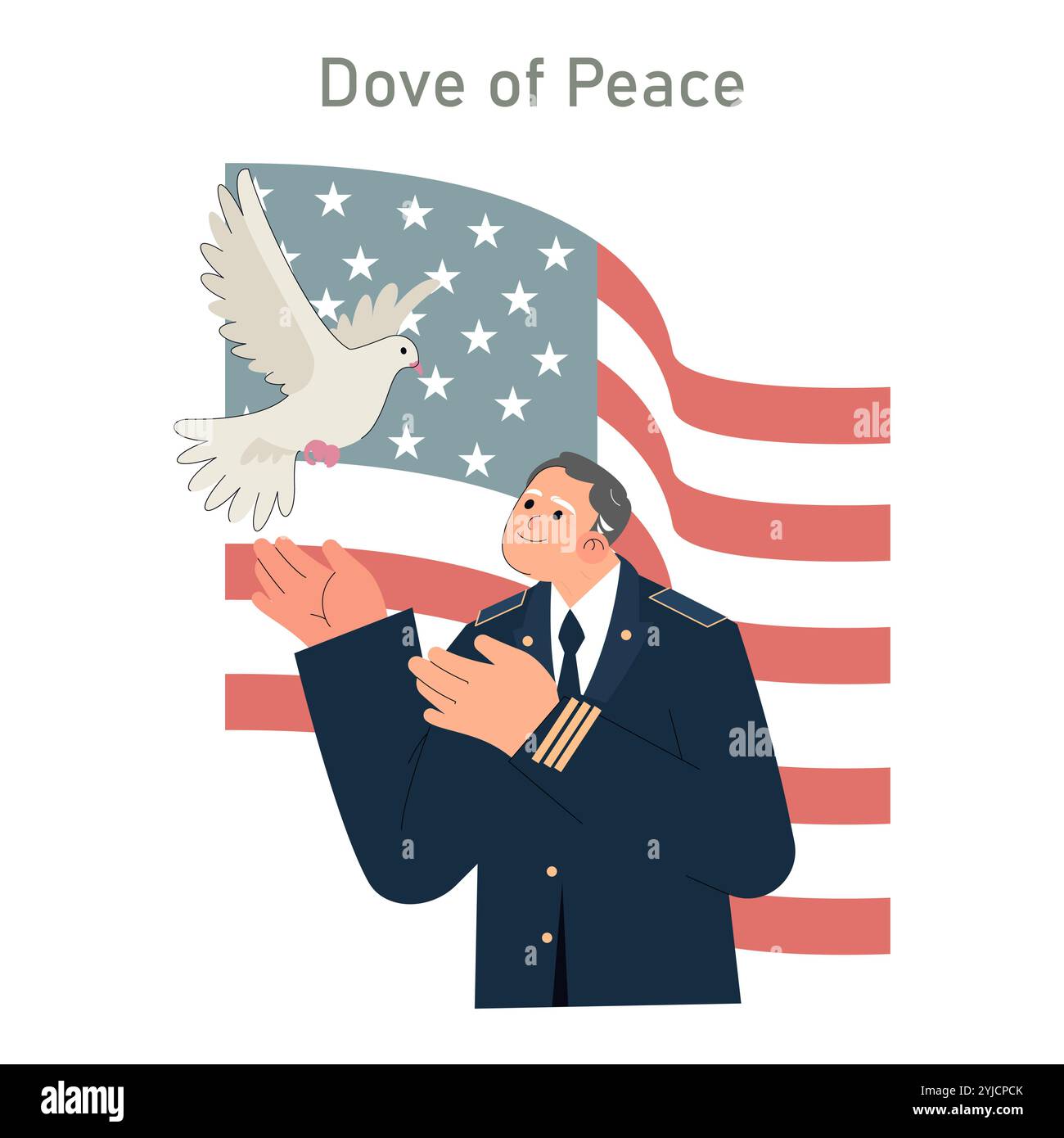Die Hommage-Illustration des Veterans Day mit einem anregenden Offizier und einer Taube vor dem Hintergrund der US-Flagge sorgt für Frieden und Erinnerung. Vektorabbildung. Stock Vektor