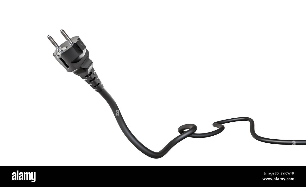 schuko-Stecker und Kabel, schwarz, transparenter Hintergrund, 3D Stockfoto