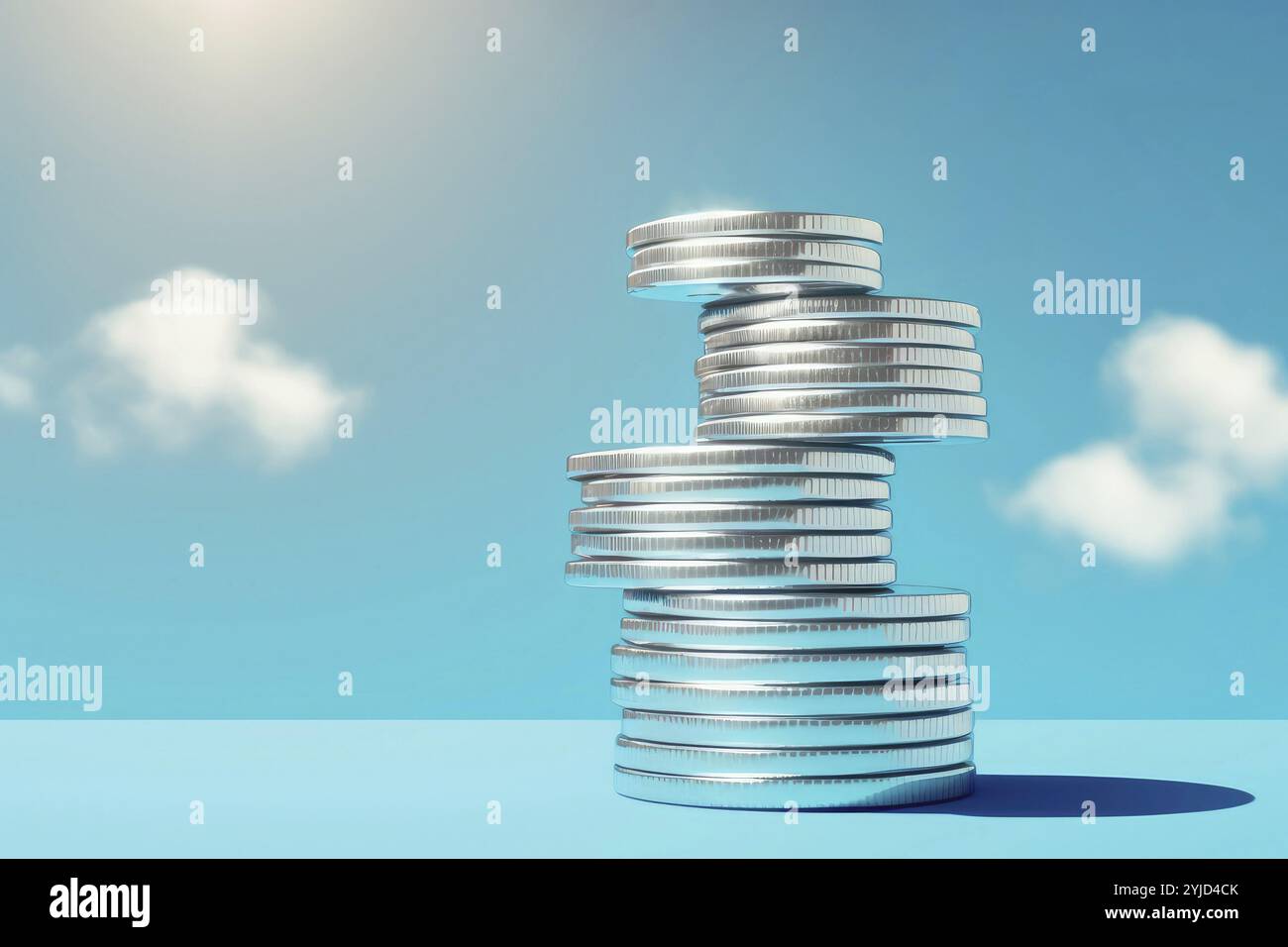 Turm aus Silbermünzen auf blauem Hintergrund mit einer Wolke am Himmel. Abbildung, 3D-Rendering Stockfoto
